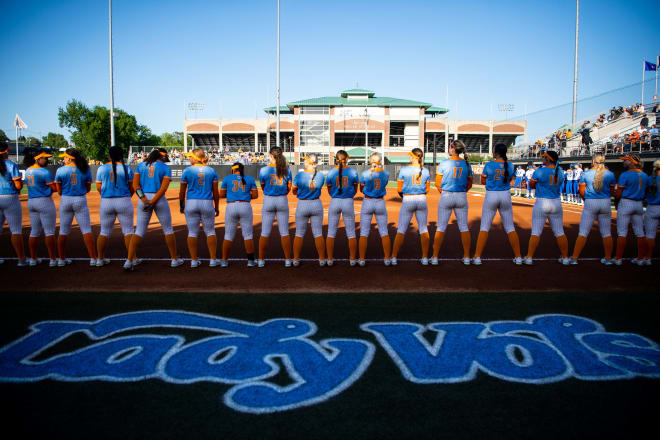 Tennessee players line up for the national anthem during a SEC softball game between Tennessee and Florida at Sherri Parker Lee Stadium in Knoxville, Tenn., on Monday, April 24, 2023.