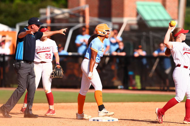 Kiki Milloy stands on second base during Tennessee's game against Alabama on May 25, 2024, during the Knoxville Super Reigonal.