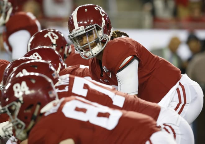 Alabama Crimson Tide quarterback Jalen Hurts (2) warms up prior to the 2017 College Football Playoff National Championship Game against the Clemson Tigers at Raymond James Stadium. Mandatory Credit: Kim Klement-USA TODAY Sports.