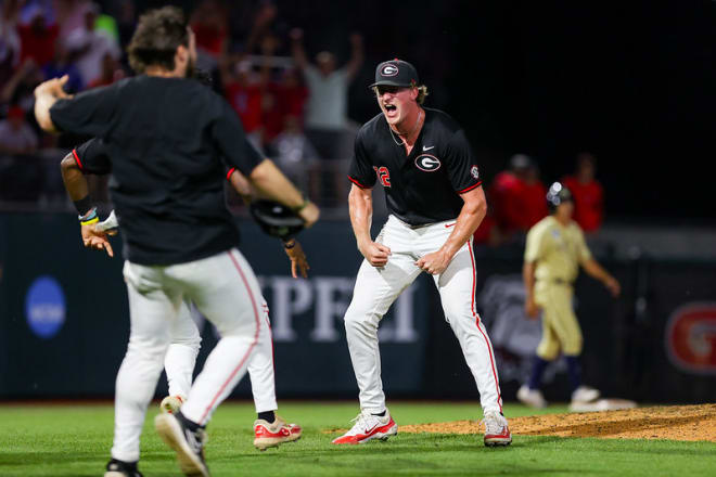 Leighton Finley celebrates after nailing down the save Sunday night against Georgia Tech.