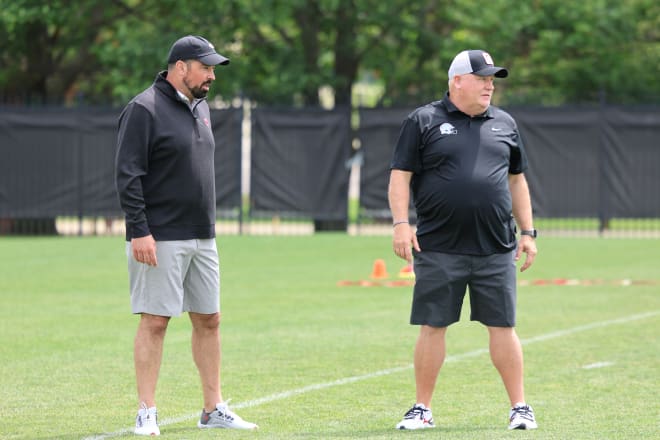 Ohio State coach Ryan Day trusts offensive coordinator Chip Kelly with changes. (Birm/DTE)