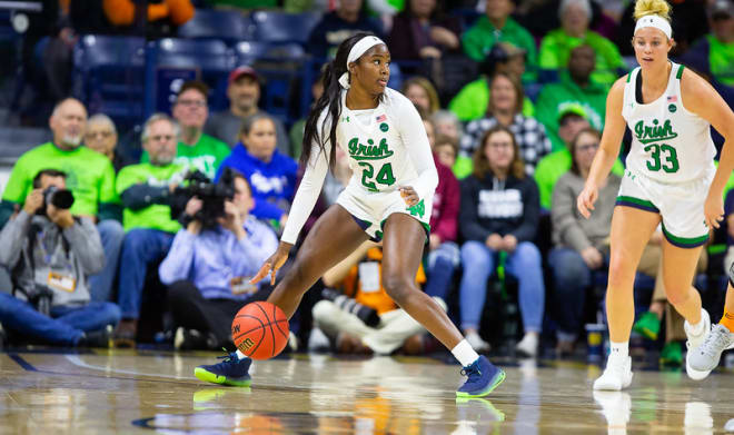 Destinee Walker (24) scored 12 points for the Irish versus Maryland while Sam Brunelle (33) had a team high 19 points.