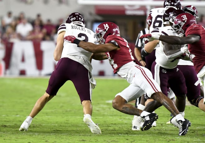  Alabama Crimson Tide defensive back Brian Branch (14) sacks Mississippi State Bulldogs quarterback Will Rogers (2) for a loss during the first half at Bryant-Denny Stadium. Photo | Gary Cosby Jr.-USA TODAY Sports