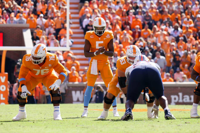 Tennessee quarterback Hendon Hooker prepares to take a snap during the the Vols' 65-24 win over UT Martin at Neyland Stadium.