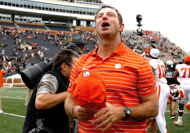 A happy Dabo Swinney is shown here at Truist Field Saturday celebrating Clemson's 51-45 win over Wake Forest.