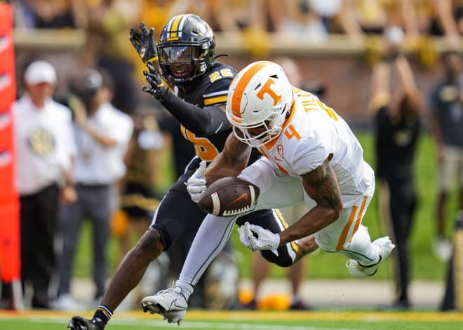 Tennessee wide receiver Cedric Tillman hauls in a first-half touchdown pass in the Vols' 62-24 win over Missouri last season. 