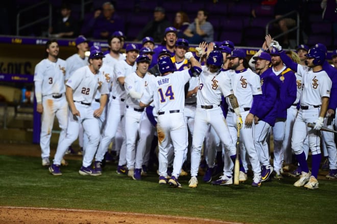 LSU rght fielder/third baseman Jacob Berry celebrates his fifth inning solo homer in the Tigers' 11-3 win over UNO Wednesday night in Alex Box Stadium.
