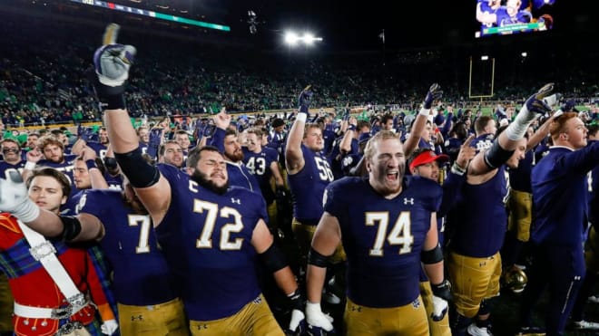 Robert Hainsey (72) and Liam Eichenberg (74) are among all five 2019 offensive line starters expected to return in 2020.