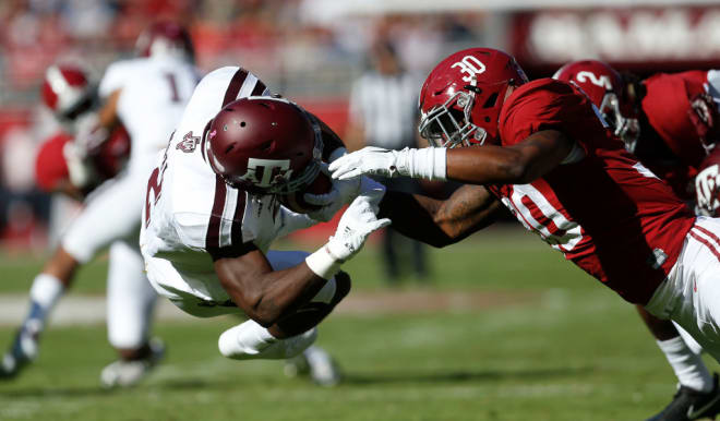 Alabama linebacker Mack Wilson (30) hammers Texas A&M wide receiver Speedy Noil (2) on a kick off return during the Crimson Tide's 33-14 win over Texas A&M Saturday October 22, 2016. Staff Photo/Gary Cosby Jr.