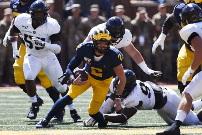 Senior quarterback Shea Patterson fumbled twice in the double-overtime win over Army. 