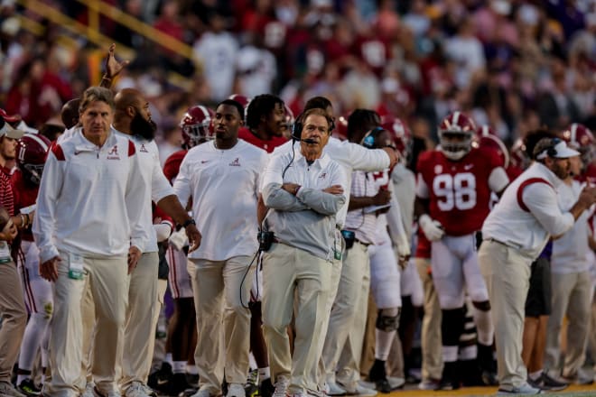 Alabama Crimson Tide head coach Nick Saban looks on against the LSU Tigers during the first half at Tiger Stadium. Photo | Stephen Lew-USA TODAY Sports