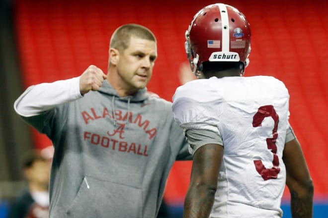 Alabama wide receiver coach Billy Napier and Calvin Ridley (3) during practice for the Chick-fil-A Peach Bowl College Football Playoff semifinal at the Georgia Dome in Atlanta, Ga. on Wednesday, Dec. 28, 2016.