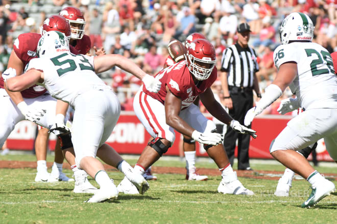 Myron Cunningham is expected to anchor Arkansas' offensive line at left tackle in 2020.