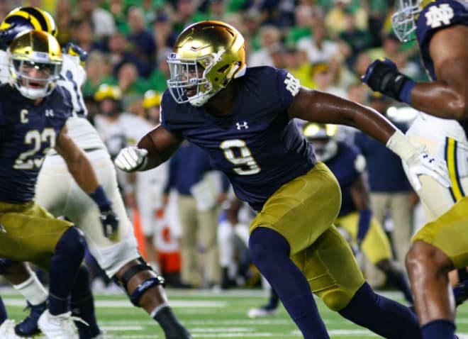 Notre Dame defensive end Daelin Hayes (No. 9) finished with five tackles, two sacks, two forced fumbles and a quarterback hurry in a 31-13 win over Georgia Tech