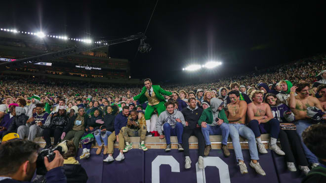 The Notre Dame mascot and fans get ready to storm the field as the Irish upset No. 4 Clemson, 35-14, Nov. 5, 2022 at Notre Dame Stadium.