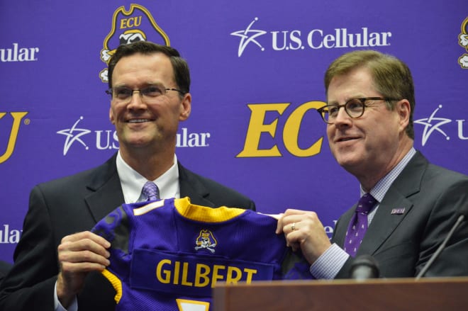New ECU Director of Athletics Jon Gilbert is formally introduced by ECU Chancellor Cecil Staton on Monday. 