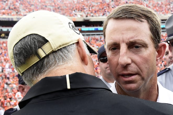 Clemson head coach Dabo Swinney is shown here Saturday with Wake Forest head coach Dave Clawson moments after the Tigers' 28-14 win.