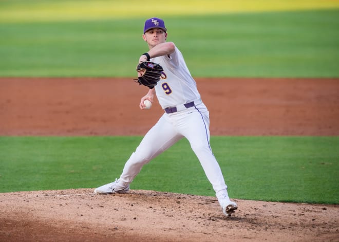 LSU head coach Jay Johnson hopes to get a good outing for the second straight weekend from Ty Floyd (9). Floyd is set to start in Saturday's game 2 of a three-game SEC series vs. Alabama in Alex Box Stadium.