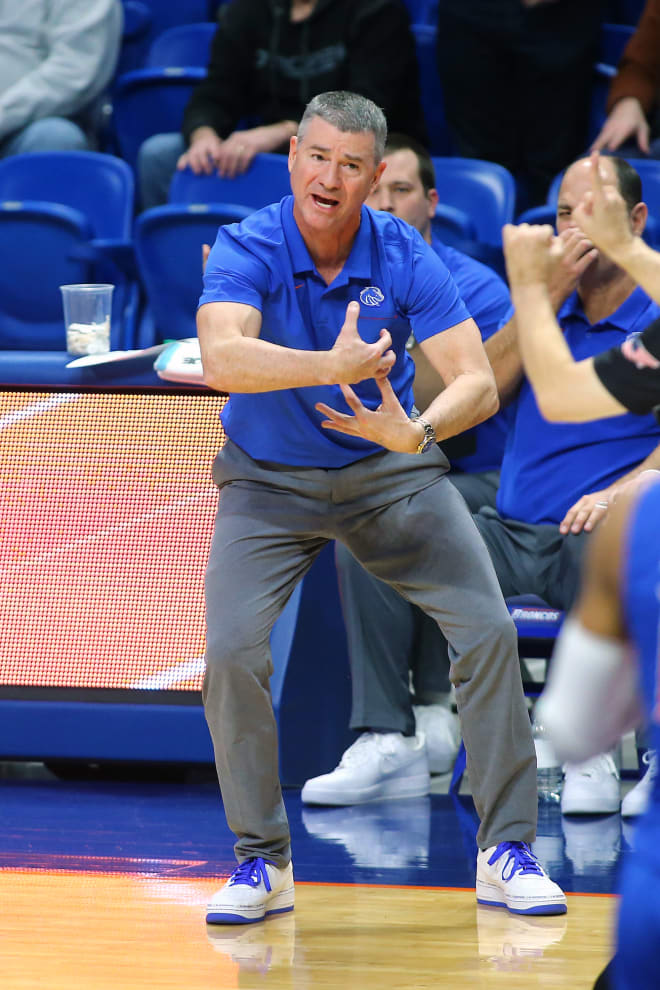 Jan 18, 2020; Boise, Idaho, USA; Boise State Broncos head coach Leon Rice reacts during overtime against the Utah State Aggies at ExtraMile Arena. Boise State won 88-83 in overtime.