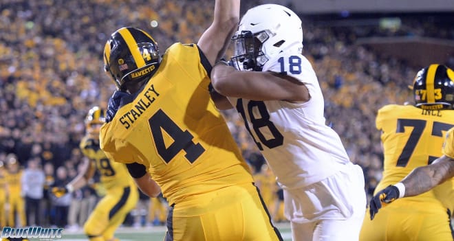Penn State defensive end Shaka Toney hits Iowa quarterback Nate Stanley