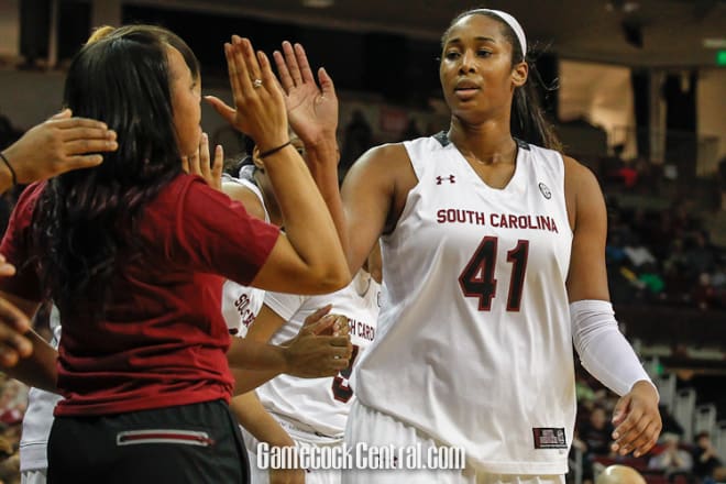 Senior Alaina Coates (41) won her second consecutive SEC Player of the Week honor on Tuesday. Coates, a forward, scored 33 points and had 21 rebounds as the third-ranked Gamecocks won twice, including a 83-59 win over No. 4 Louisville.