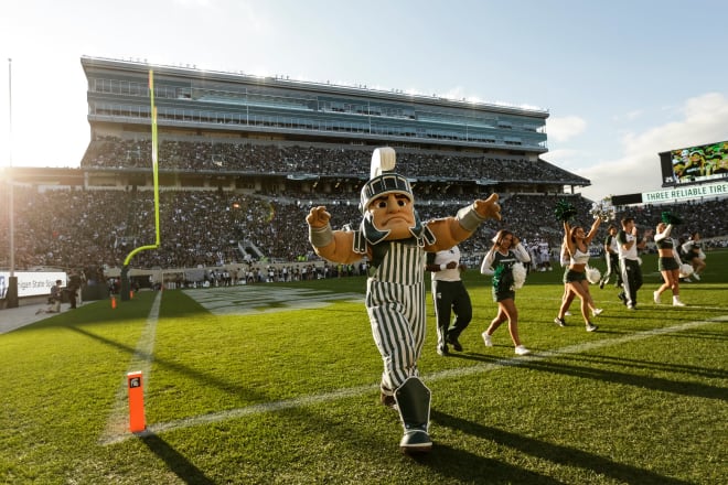 Sparty cheers for Michigan State during the second half against Indiana at Spartan Stadium in East Lansing, Saturday, Sept. 28, 2019.