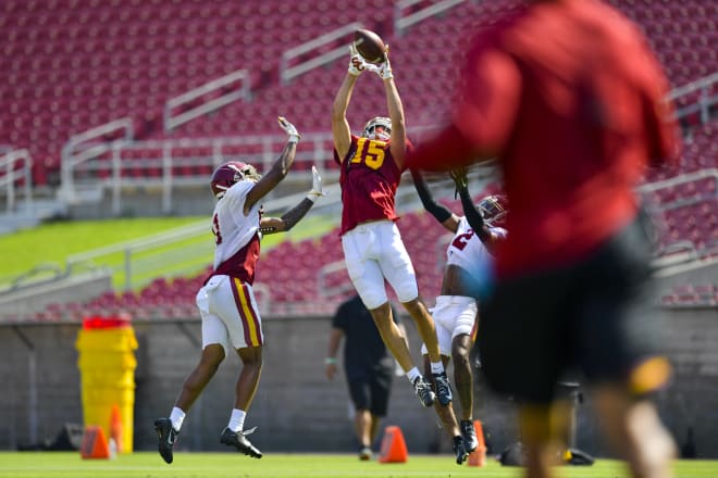 Sophomore wide receiver Drake London skies for a catch Saturday during USC's first preseason scrimmage.