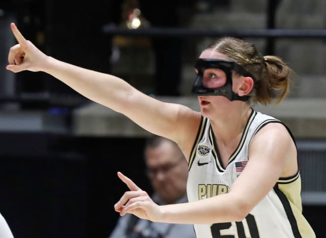 Purdue Boilermakers forward Mary Ashley Stevenson (20) reacts after scoring during the NCAA WNIT basketball game against the Duquesne Dukes, Thursday, March 28, 2024, at Mackey Arena in West Lafayette, Ind.