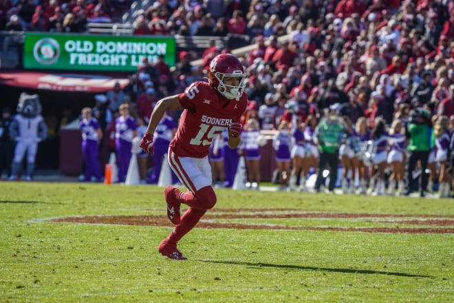Brenen Thompson streaks down the field on a play that resulted in his 53-yard TD reception against TCU in Nov. 2023