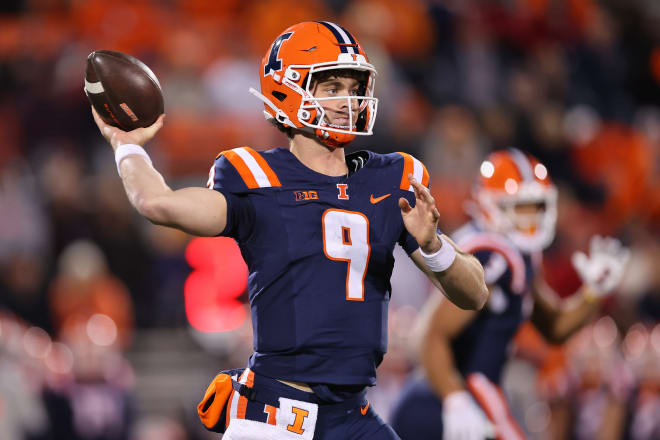 Luke Altmyer #9 of the Illinois Fighting Illini throws a pass against the Nebraska Cornhuskers during the second half at Memorial Stadium on October 06, 2023 in Champaign, Illinois.