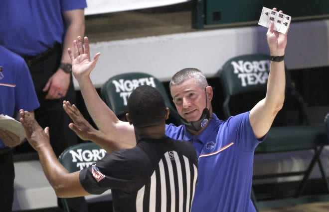 Boise State coach Leon Rice talks with a referee as Boise State played Memphis during the second half of an NCAA college basketball game in the semifinals of the NIT, Thursday, March 25, 2021, in Denton, Texas.