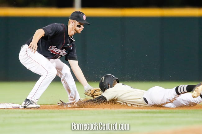 Madison Stokes tags out a Vanderbilt runner.