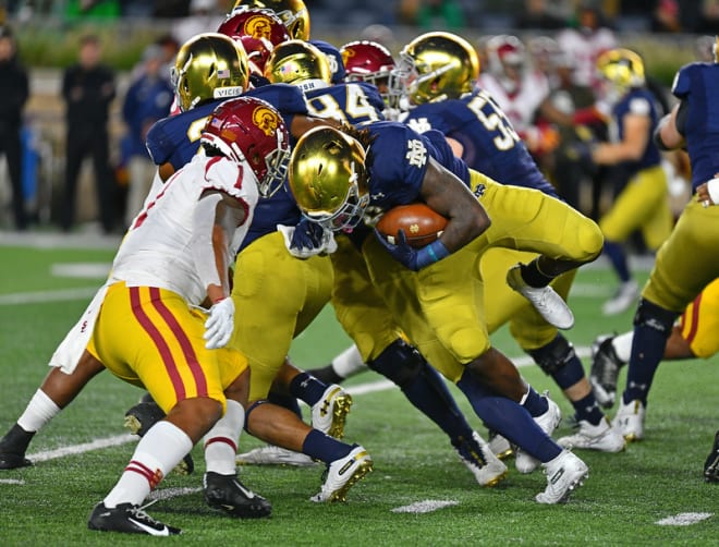 Tony Jones' Jr. bulldozed for 176 yards rushing while the Irish as a team compiled 308 on the ground in the win versus USC.