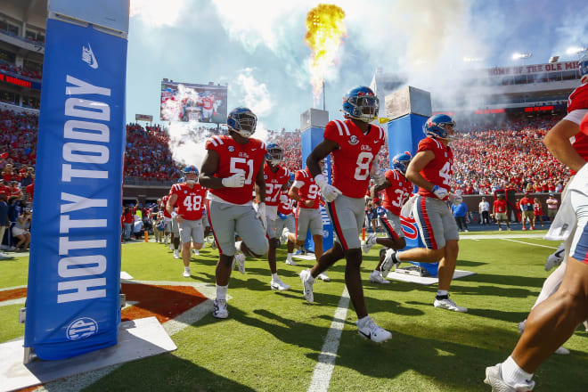 Ole Miss Rebels defensive back Brandon Turnage (8) runs onto the field prior to the game against the Middle Tennessee Blue Raiders at Vaught-Hemingway Stadium. Mandatory Credit: Petre Thomas-Imagn Images