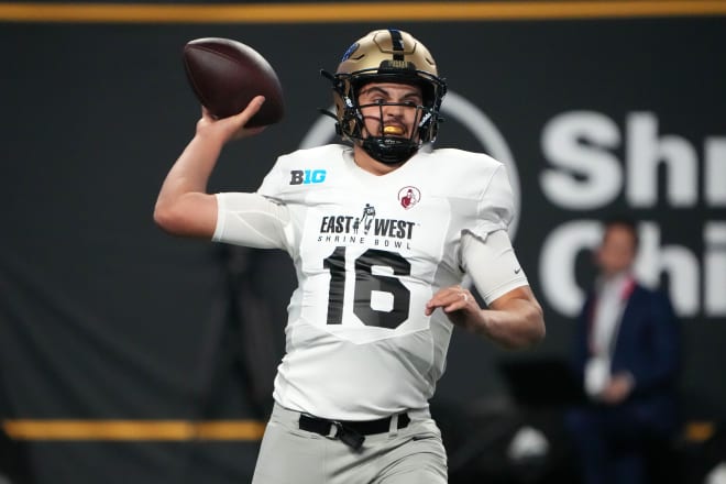 Feb 2, 2023; Las Vegas, NV, USA; East quarterback Aidan O'Connell (16) throws the ball against the West during the Shrine Bowl at Allegiant Stadium. Mandatory Credit: Kirby Lee-USA TODAY Sports