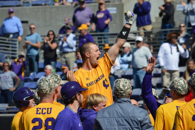 Spencer Brickhouse celebrates after his eighth inning home run in ECU's 6-5 Sunday win over UCF.