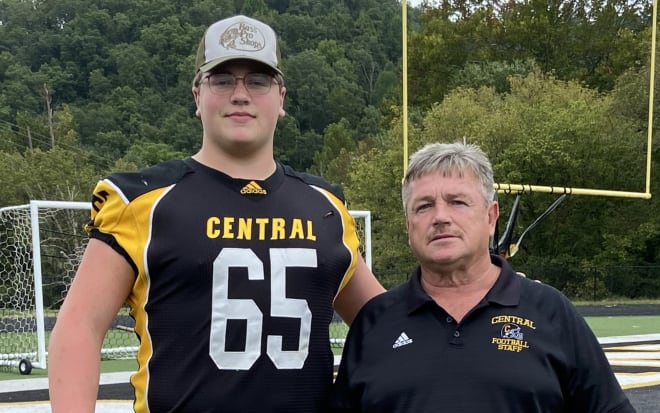 Paintsville (Ky.) Johnson Central class of 2022 offensive lineman Grant Bingham and head coach Jim Matney