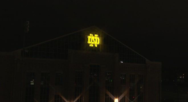 Notre Dame lit up the new Victory Monogram for the first time after Saturday's home victory over Wake Forest.