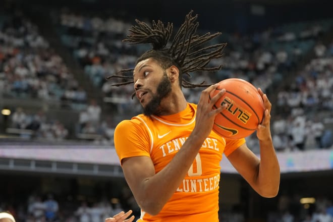 Nov 29, 2023; Chapel Hill, North Carolina, USA; Tennessee Volunteers forward Jonas Aidoo (0) with the ball in the first half at Dean E. Smith Center. 