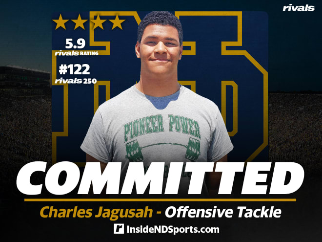 Four-star offensive tackle Charles Jagusah, a 2023 recruit, announced his commitment to Notre Dame on Thursday.