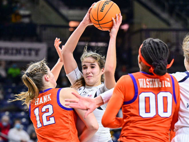 Clemson couldn't prevent Notre Dame freshman guard Sonia Citron, middle, from scoring a game-high 23 points and grabbing a game-high 13 rebounds.