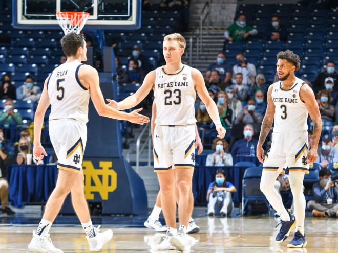 Notre Dame head coach Mike Brey said Prentiss Hubb (3) won't return to the Irish next season and suggested Cormac Ryan (5) and Dane Goodwin (23) will be back.