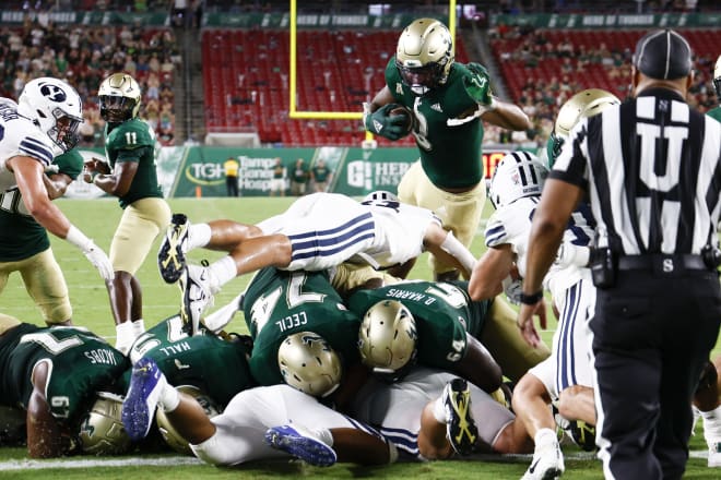 Sep 3, 2022; Tampa, Florida; South Florida Bulls running back Jaren Mangham (0) dives in for a touchdown during the first half against the Brigham Young Cougars at Raymond James Stadium. 