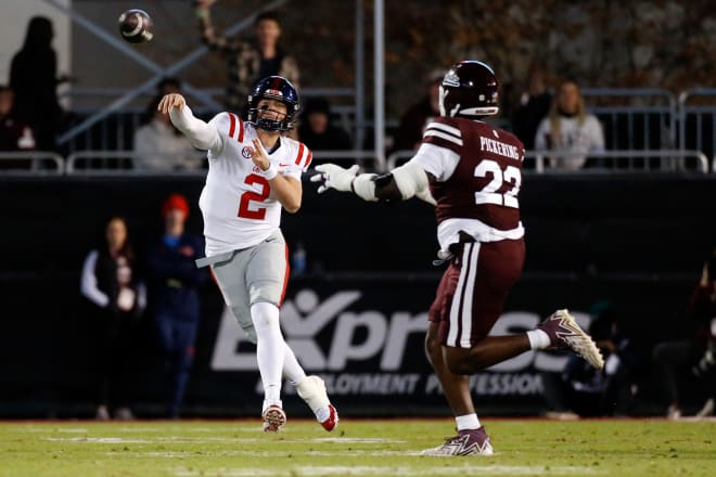 Ole Miss Rebels quarterback Jaxson Dart (2) passes the ball during the first half against the Mississippi State Bulldogs at Davis Wade Stadium at Scott Field. Mandatory Credit: Petre Thomas-USA TODAY Sports